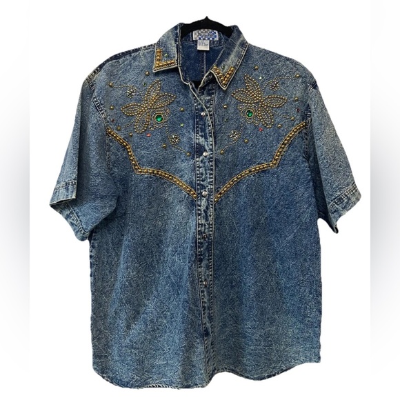 VTG 80’s Short Sleeve Acid Wash Denim Beaded & Embellished Button Up Shirt M - Picture 8 of 11